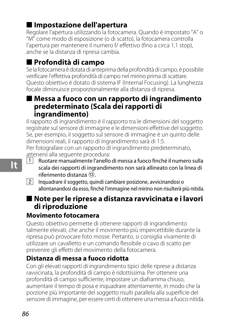 Impostazione dell'apertura, Profondità di campo, Movimento fotocamera | Distanza di messa a fuoco ridotta, Jp kr de it cz sk ck ch nl ru sv es en fr | Nikon AF-S DX Micro-NIKKOR 85mm f-3.5G ED VR User Manual | Page 86 / 152