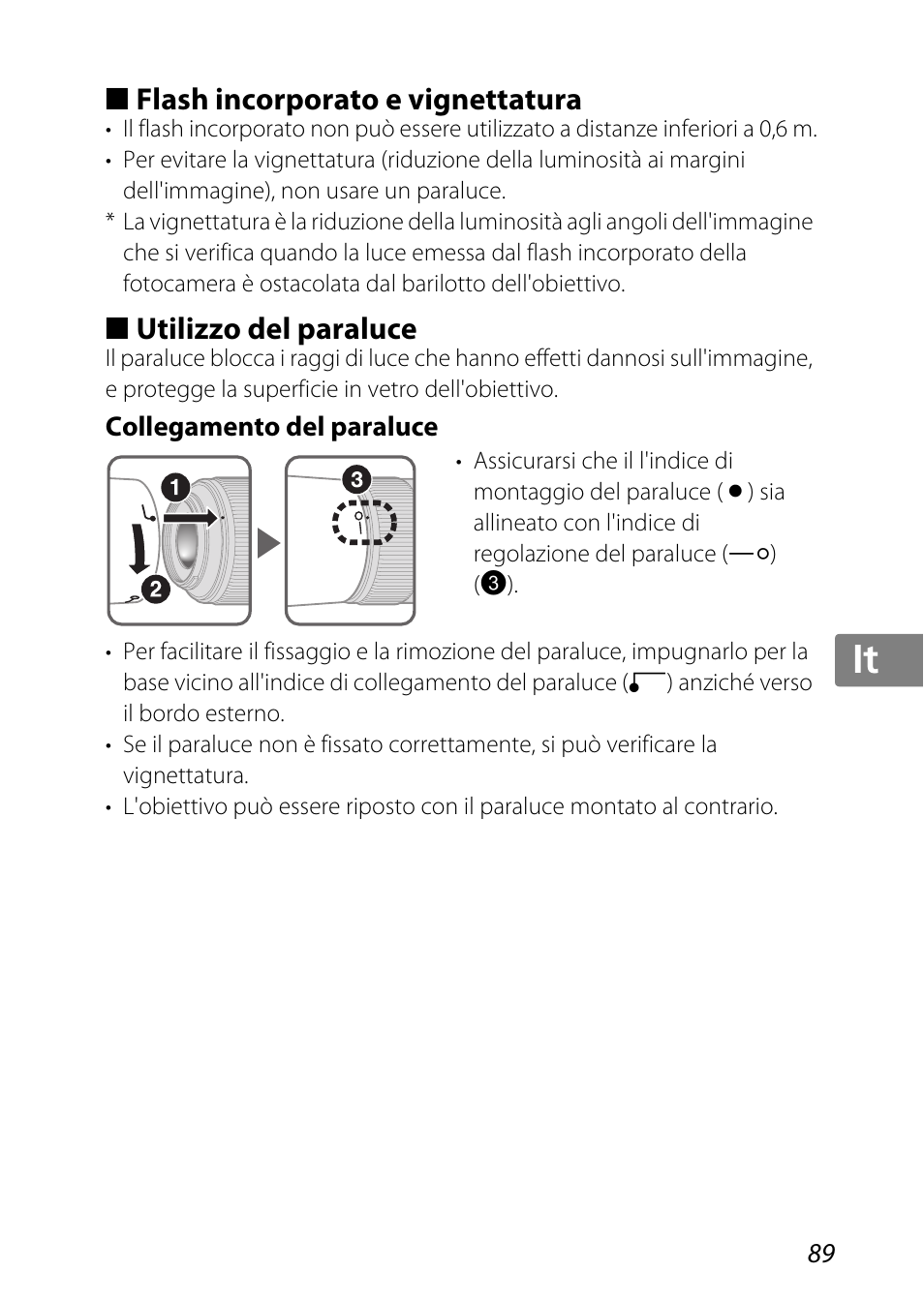 Flash incorporato e vignettatura, Utilizzo del paraluce, Collegamento del paraluce | Jp kr de it cz sk ck ch nl ru sv es en fr | Nikon AF-S DX Micro-NIKKOR 85mm f-3.5G ED VR User Manual | Page 89 / 152