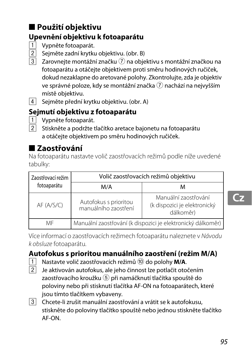 Použití objektivu, Upevnění objektivu k fotoaparátu, Sejmutí objektivu z fotoaparátu | Zaostřování, Jp kr de it cz sk ck ch nl ru sv es en fr | Nikon AF-S DX Micro-NIKKOR 85mm f-3.5G ED VR User Manual | Page 95 / 152