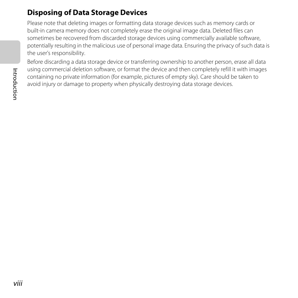 Viii, Disposing of data storage devices | Nikon S31 User Manual | Page 10 / 208