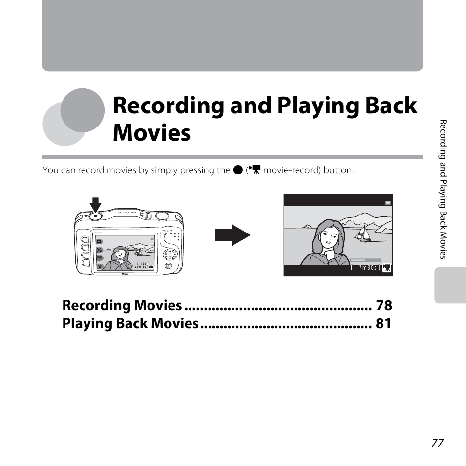 Recording and playing back movies, Recording movies playing back movies | Nikon S31 User Manual | Page 103 / 208