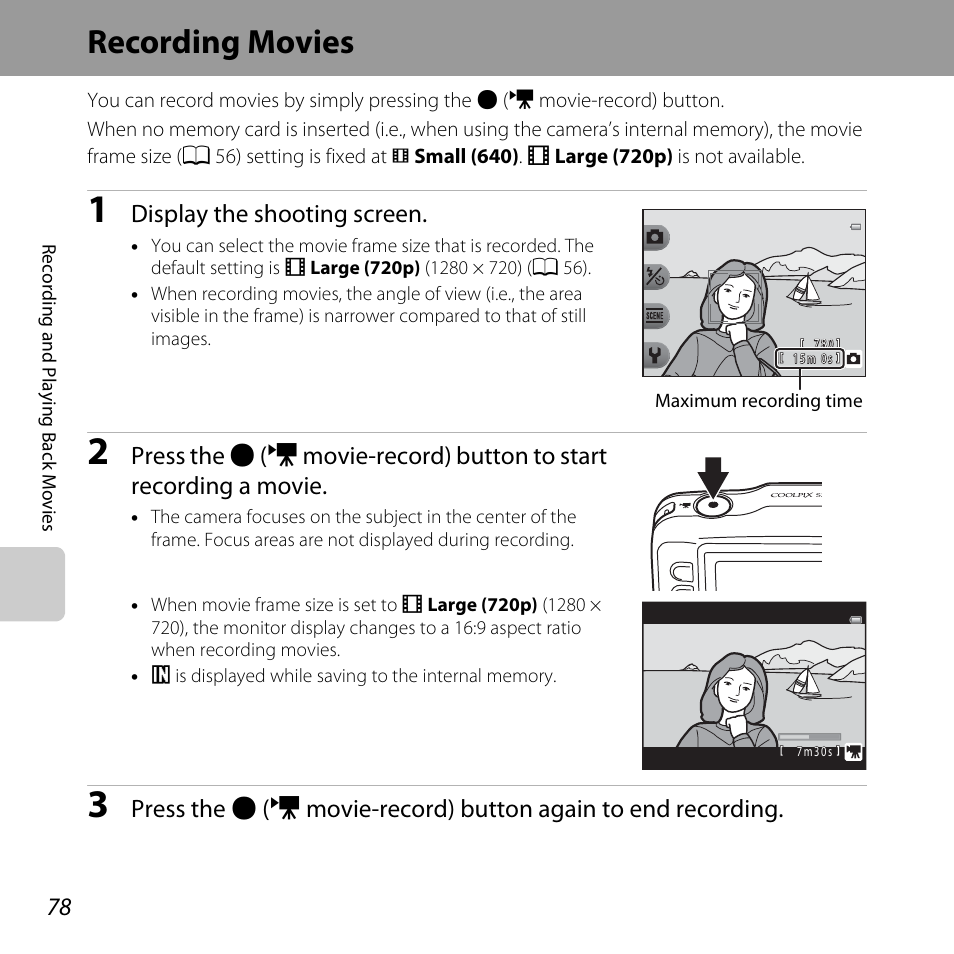 Recording movies, Display the shooting screen | Nikon S31 User Manual | Page 104 / 208