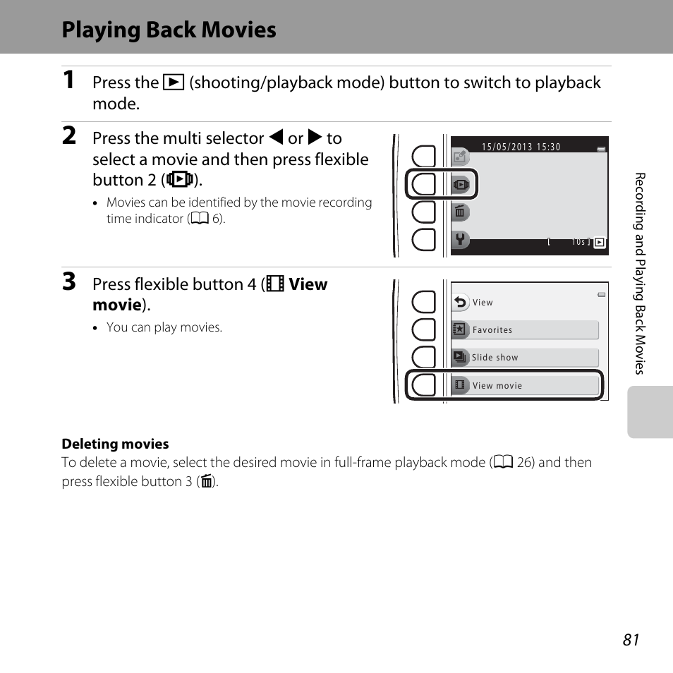 Playing back movies, A 81), A 81 | Press flexible button 4 (g view movie ) | Nikon S31 User Manual | Page 107 / 208