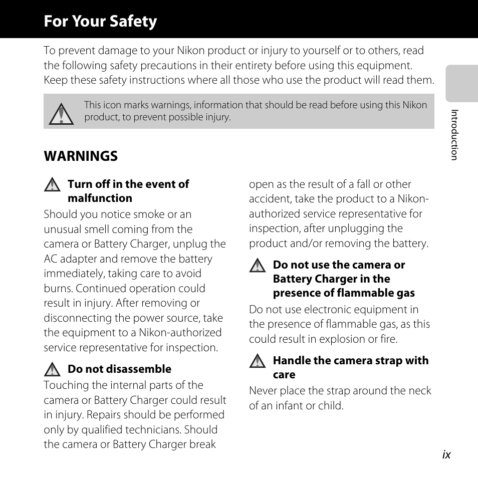 For your safety, Warnings, In “for your safety | A ix) | Nikon S31 User Manual | Page 11 / 208