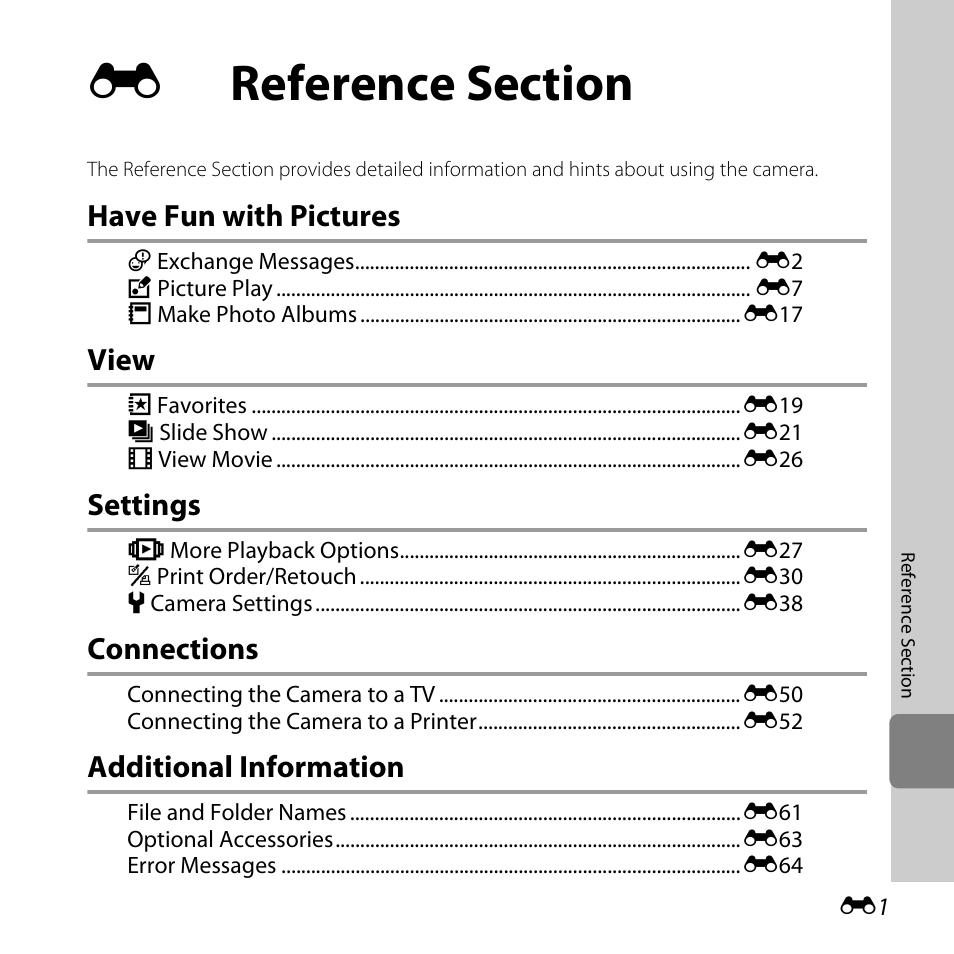 Reference section, Have fun with pictures, View | Settings, Connections, Additional information | Nikon S31 User Manual | Page 111 / 208