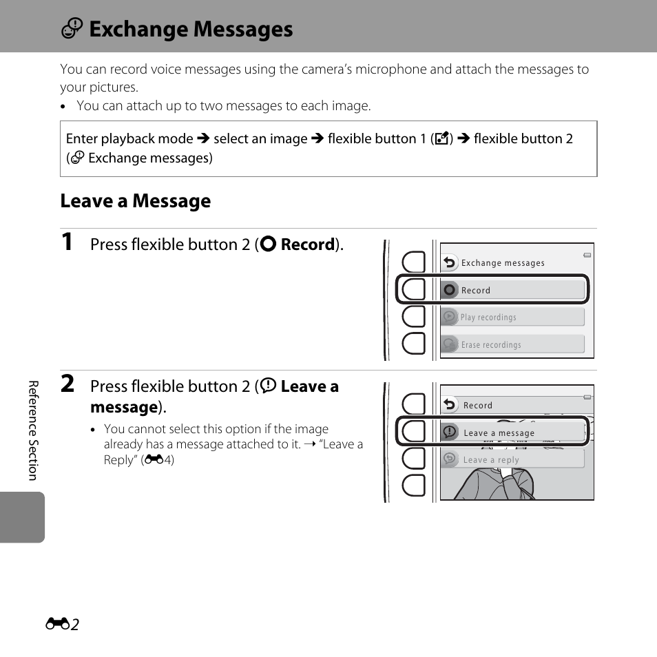 Have fun with pictures, Exchange messages, Leave a message | E exchange messages, Press flexible button 2 (q record ), Press flexible button 2 (i leave a message ) | Nikon S31 User Manual | Page 112 / 208