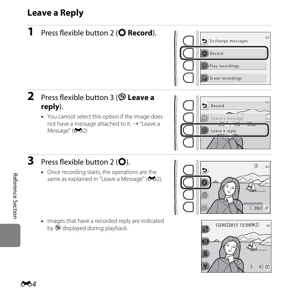 Leave a reply, Press flexible button 2 (q record ), Press flexible button 3 (j leave a reply ) | Press flexible button 2 (q) | Nikon S31 User Manual | Page 114 / 208