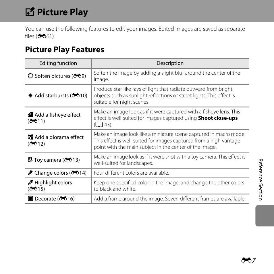 Picture play, Picture play features, V picture play | Nikon S31 User Manual | Page 117 / 208