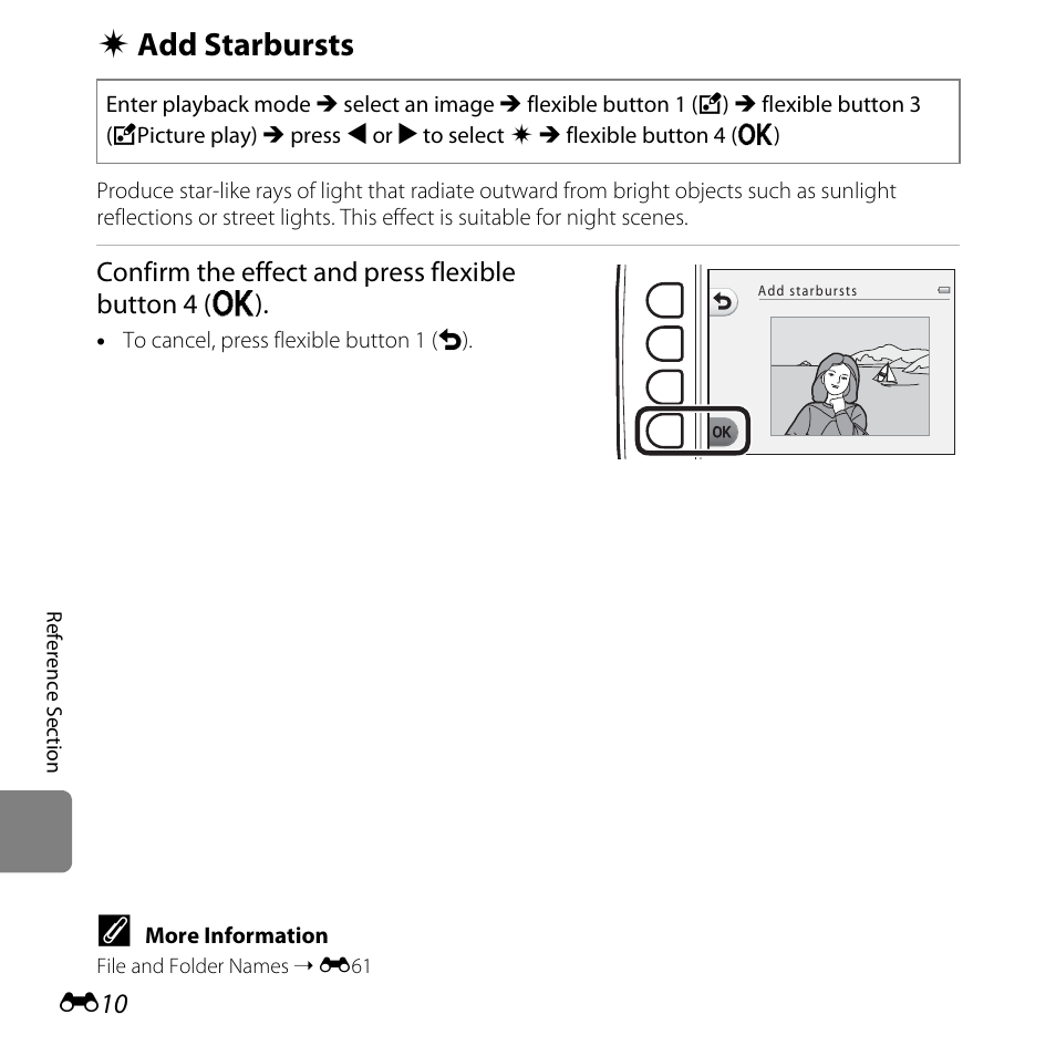 Add starbursts, Sts (e10), F add starbursts | Confirm the effect and press flexible button 4 (o) | Nikon S31 User Manual | Page 120 / 208