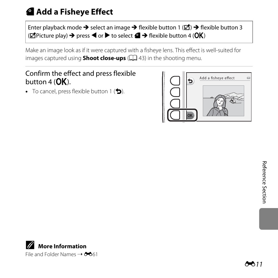 Add a fisheye effect, W add a fisheye effect, Confirm the effect and press flexible button 4 (o) | Nikon S31 User Manual | Page 121 / 208