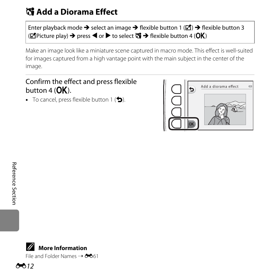 Add a diorama effect, M add a diorama effect, Confirm the effect and press flexible button 4 (o) | Nikon S31 User Manual | Page 122 / 208