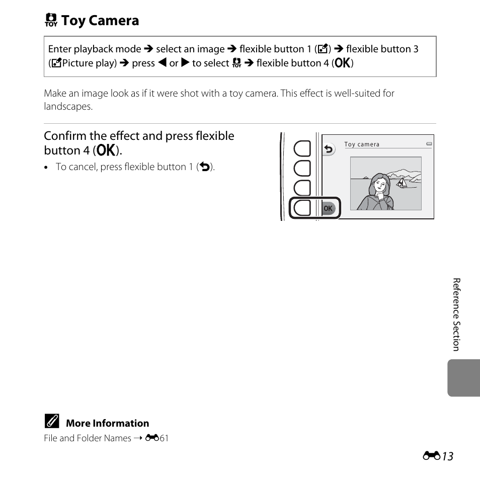 Toy camera, E13), Z toy camera | Confirm the effect and press flexible button 4 (o) | Nikon S31 User Manual | Page 123 / 208