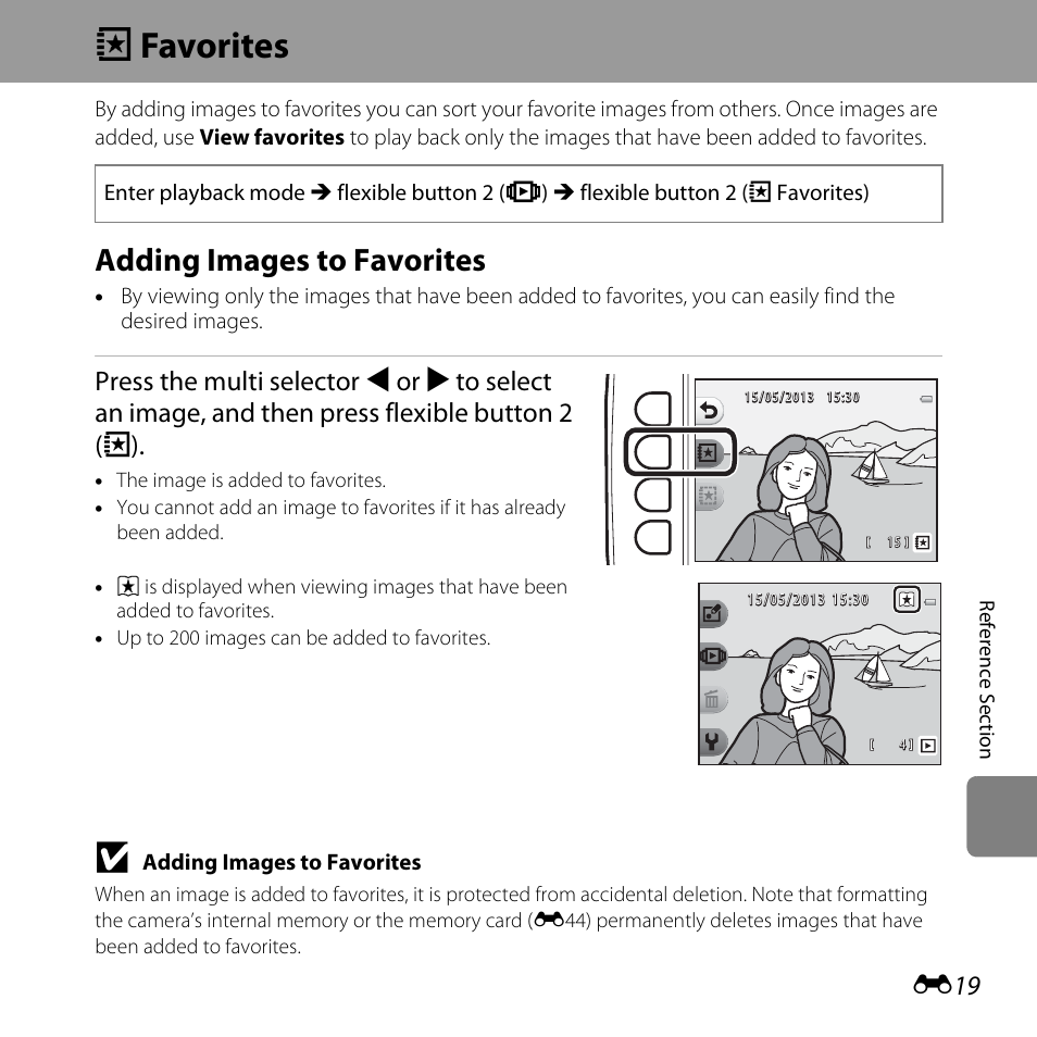 View, Favorites, Adding images to favorites | F favorites | Nikon S31 User Manual | Page 129 / 208