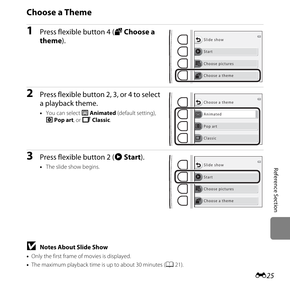 Choose a theme, E25), Press flexible button 4 (n choose a theme ) | Press flexible button 2 (a start ) | Nikon S31 User Manual | Page 135 / 208