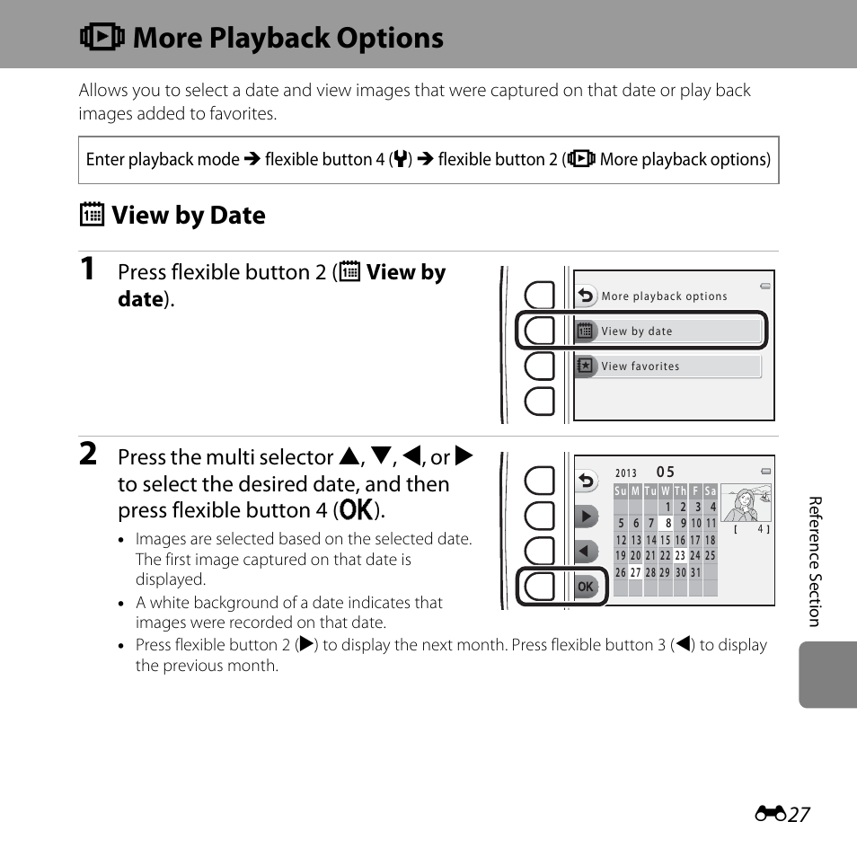 Settings, More playback options, View by date | Z more playback options................... e27, Z more playback options, G view by date, Press flexible button 2 (g view by date ) | Nikon S31 User Manual | Page 137 / 208