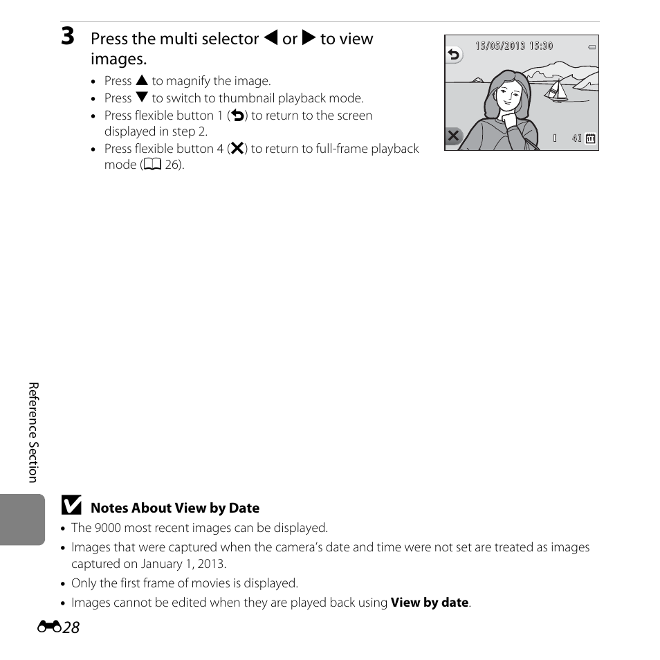 Press the multi selector j or k to view images | Nikon S31 User Manual | Page 138 / 208