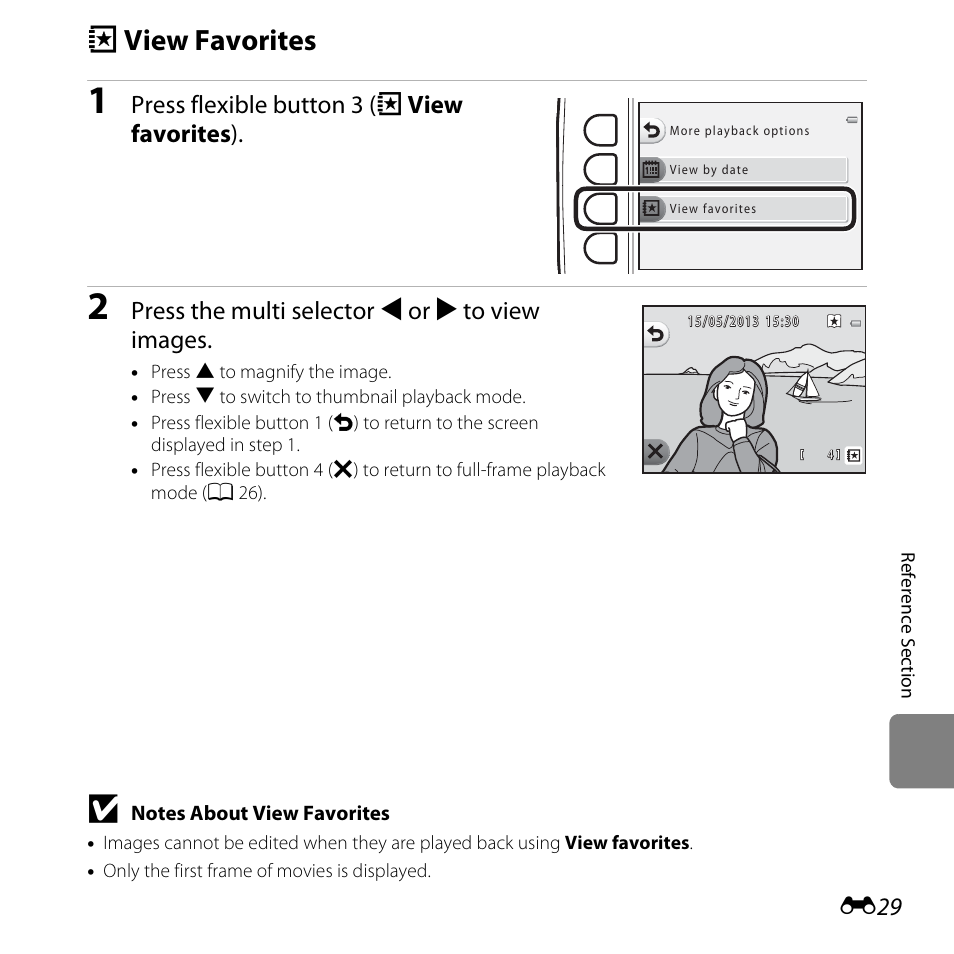 View favorites, F view favorites, Press flexible button 3 (f view favorites ) | Press the multi selector j or k to view images | Nikon S31 User Manual | Page 139 / 208