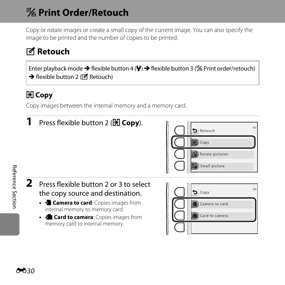 Print order/retouch, Retouch, Z print order/retouch | Y retouch, H copy, Press flexible button 2 (h copy ) | Nikon S31 User Manual | Page 140 / 208