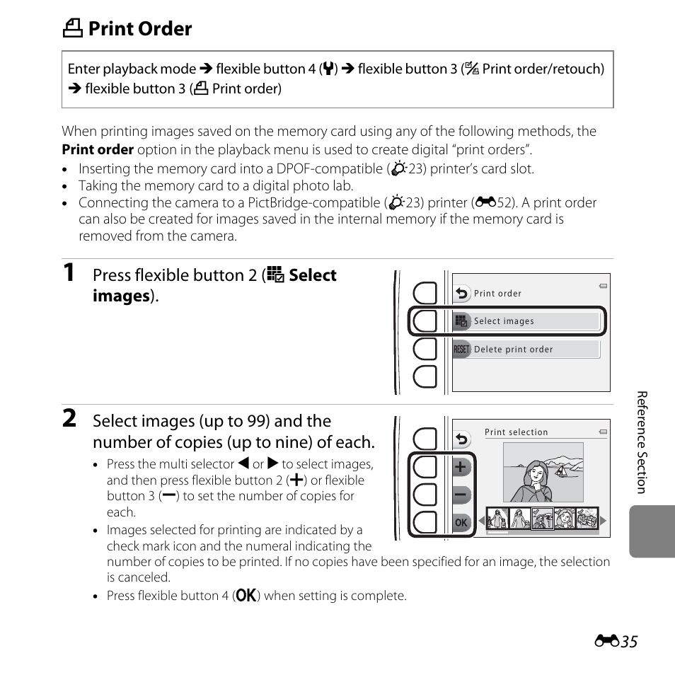 Print order, A print order, Press flexible button 2 (o select images ) | Nikon S31 User Manual | Page 145 / 208