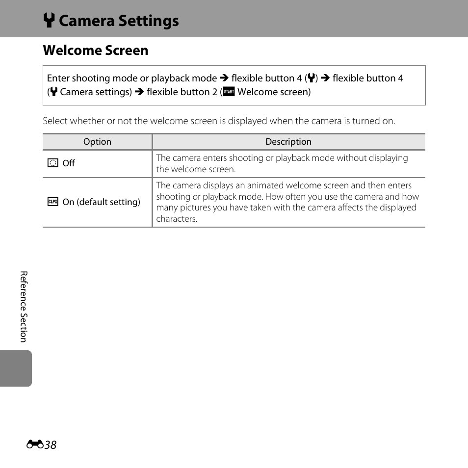 Camera settings, Welcome screen, L camera settings” in | E38), L camera settings | Nikon S31 User Manual | Page 148 / 208