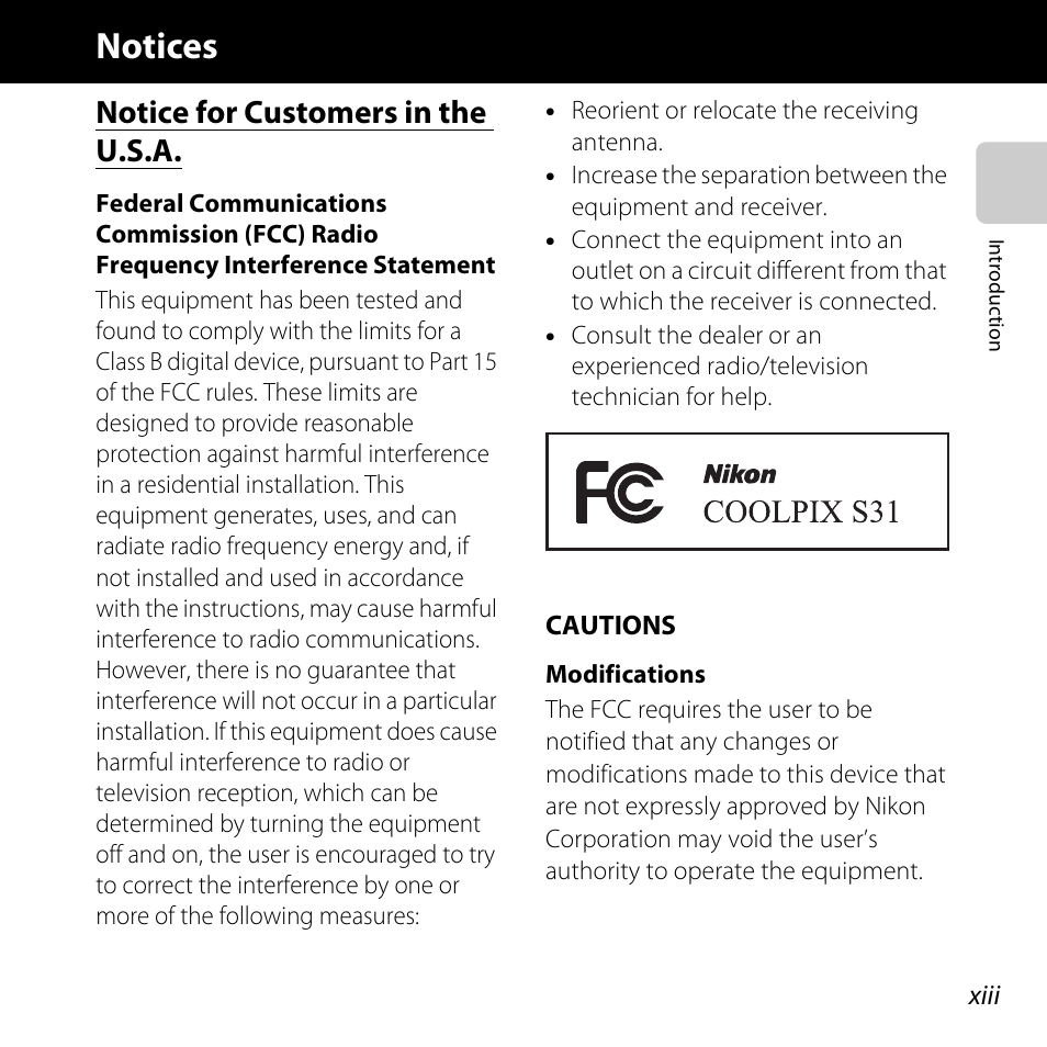 Notices, Notice for customers in the u.s.a | Nikon S31 User Manual | Page 15 / 208