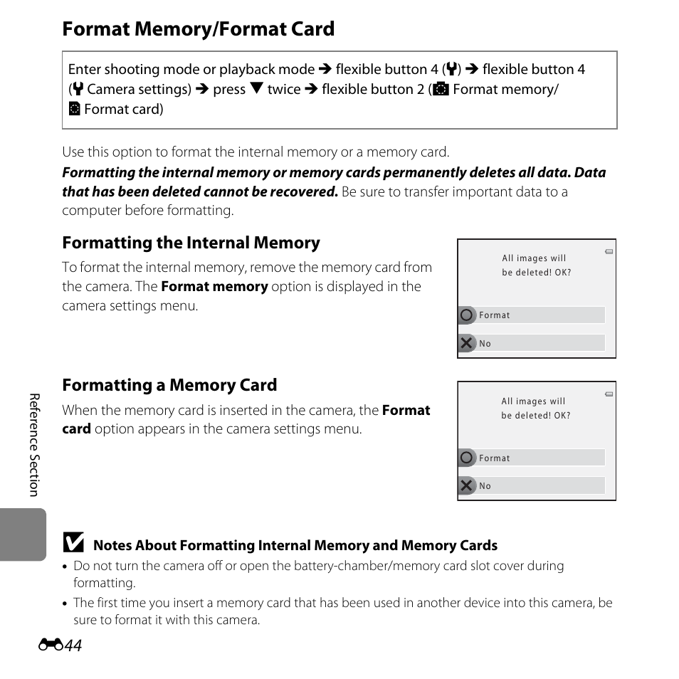 Format memory/format card | Nikon S31 User Manual | Page 154 / 208