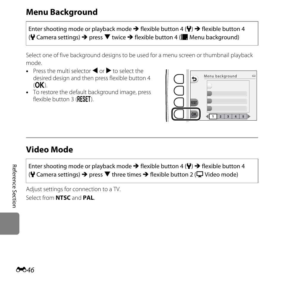 Menu background, Video mode, E46) setti | Nikon S31 User Manual | Page 156 / 208