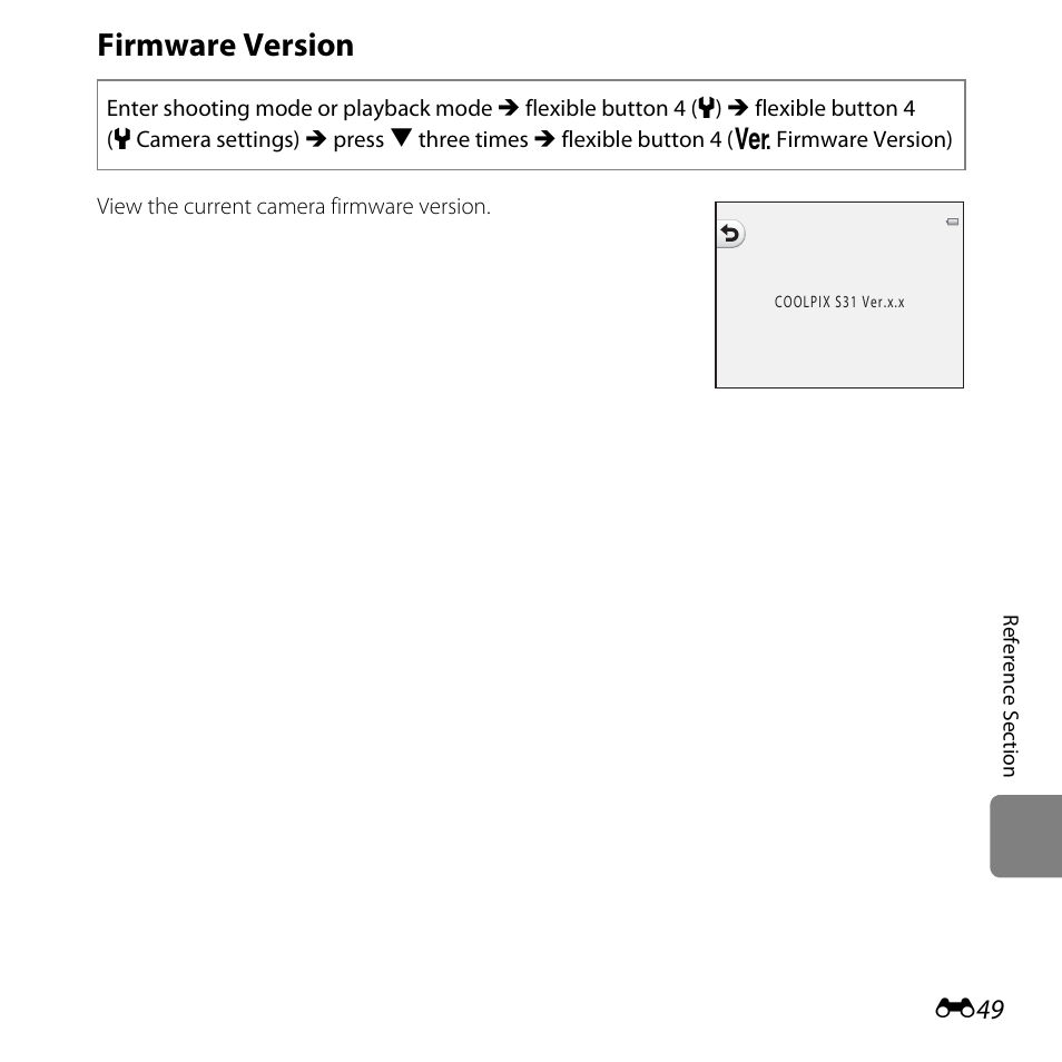 Firmware version | Nikon S31 User Manual | Page 159 / 208