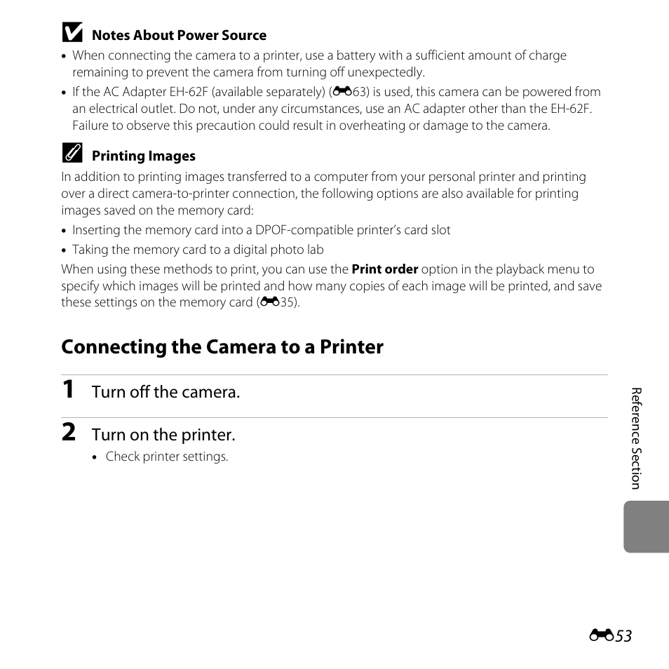 Connecting the camera to a printer, E53) | Nikon S31 User Manual | Page 163 / 208