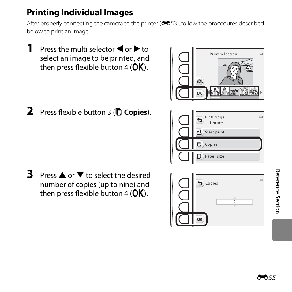 Printing individual images, E55), Press flexible button 3 (b copies ) | Nikon S31 User Manual | Page 165 / 208