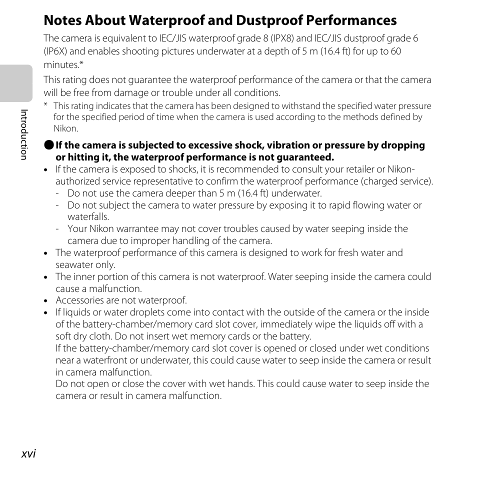 Notes about waterproof and dustproof performances | Nikon S31 User Manual | Page 18 / 208