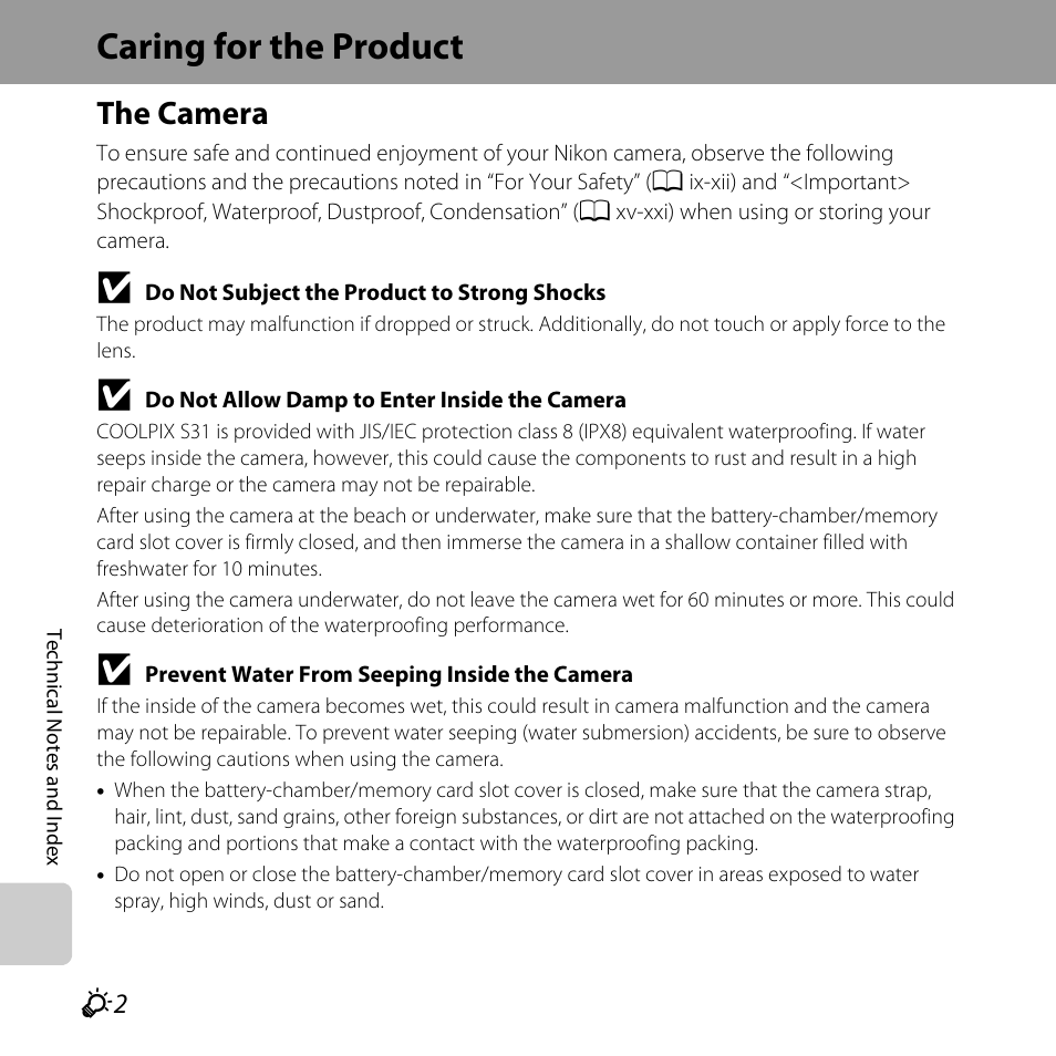 Caring for the product, The camera | Nikon S31 User Manual | Page 180 / 208