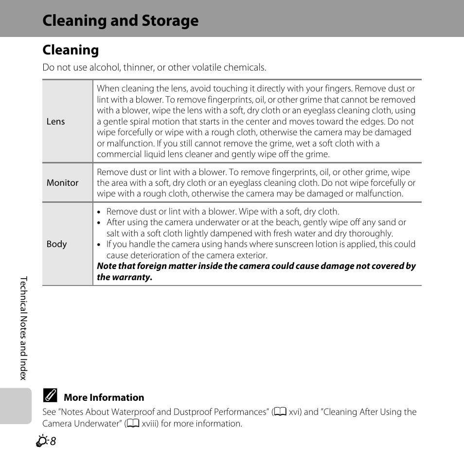 Cleaning and storage, Cleaning | Nikon S31 User Manual | Page 186 / 208