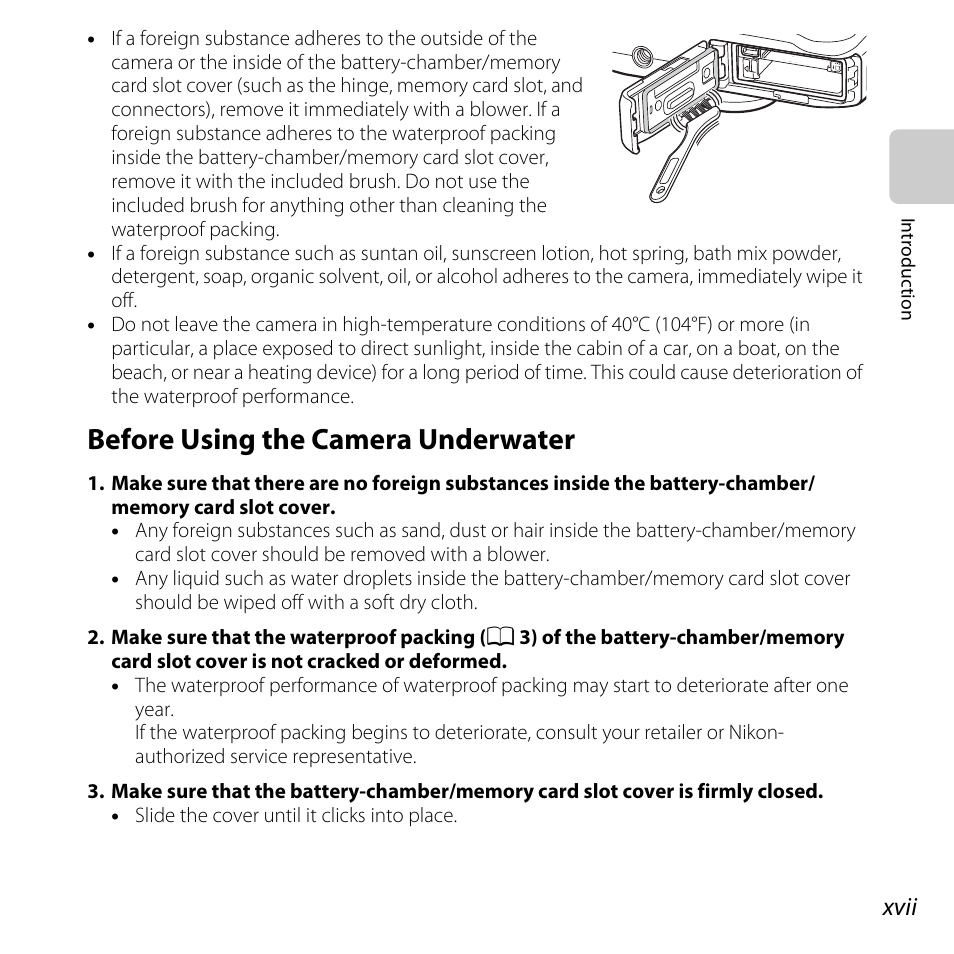 Before using the camera underwater, Xvii | Nikon S31 User Manual | Page 19 / 208