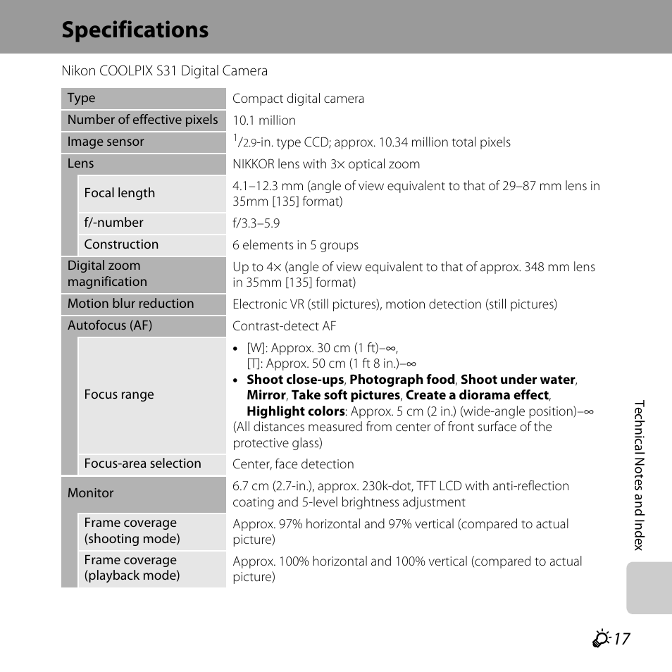 Specifications, F 17 | Nikon S31 User Manual | Page 195 / 208