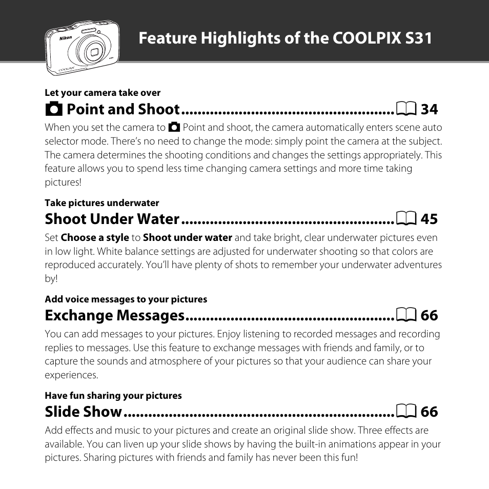 Feature highlights of the coolpix s31 | Nikon S31 User Manual | Page 2 / 208