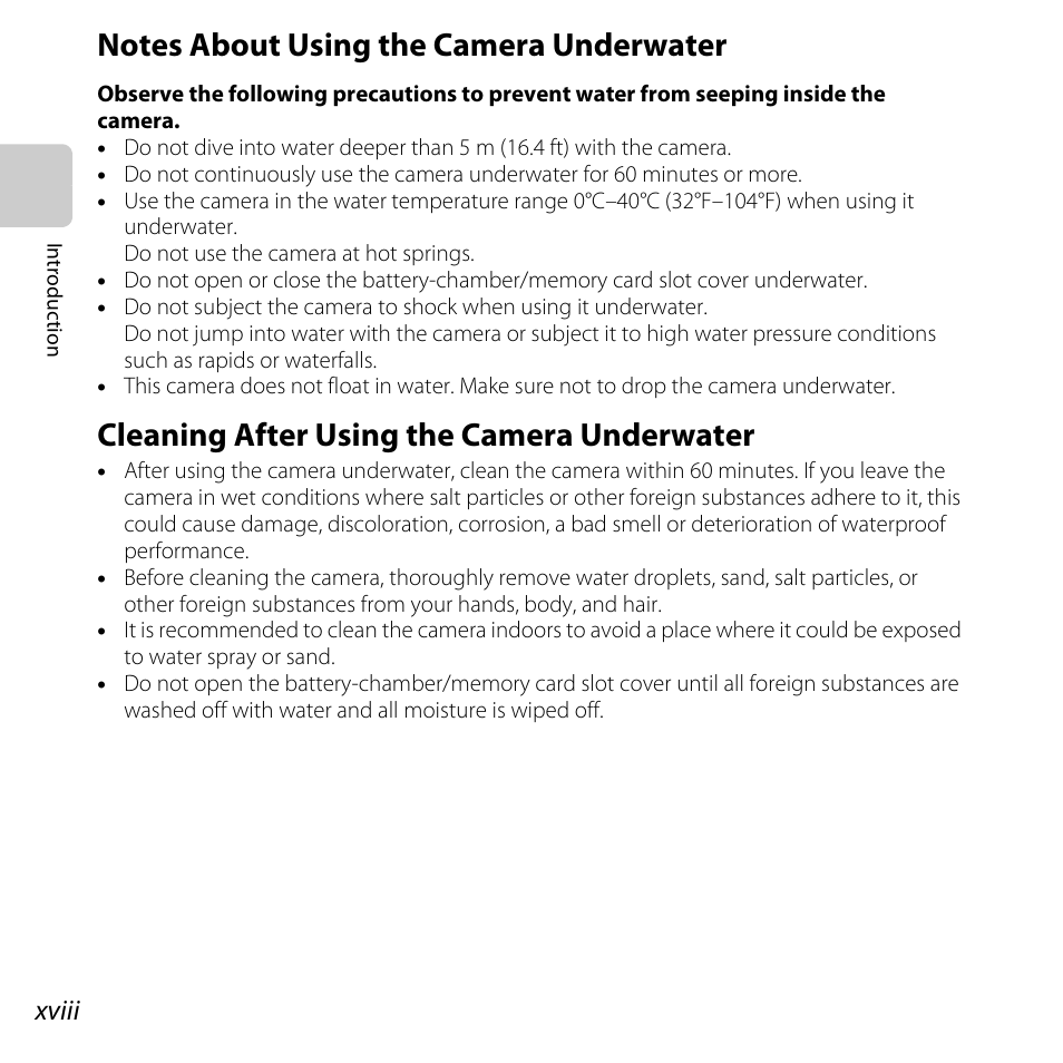 Notes about using the camera underwater, Cleaning after using the camera underwater | Nikon S31 User Manual | Page 20 / 208