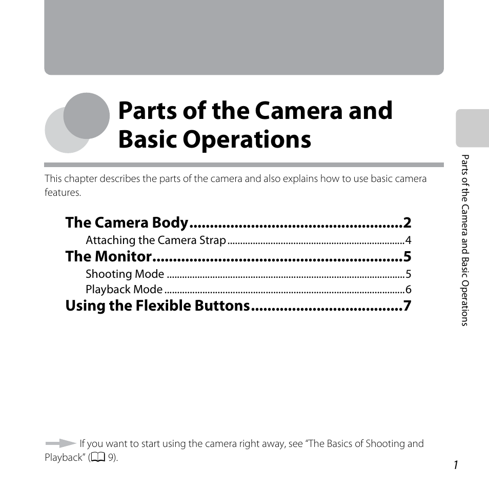 Parts of the camera and basic operations, E “parts of the camera and basic operations, A 1) | The camera body, The monitor, Using the flexible buttons | Nikon S31 User Manual | Page 27 / 208