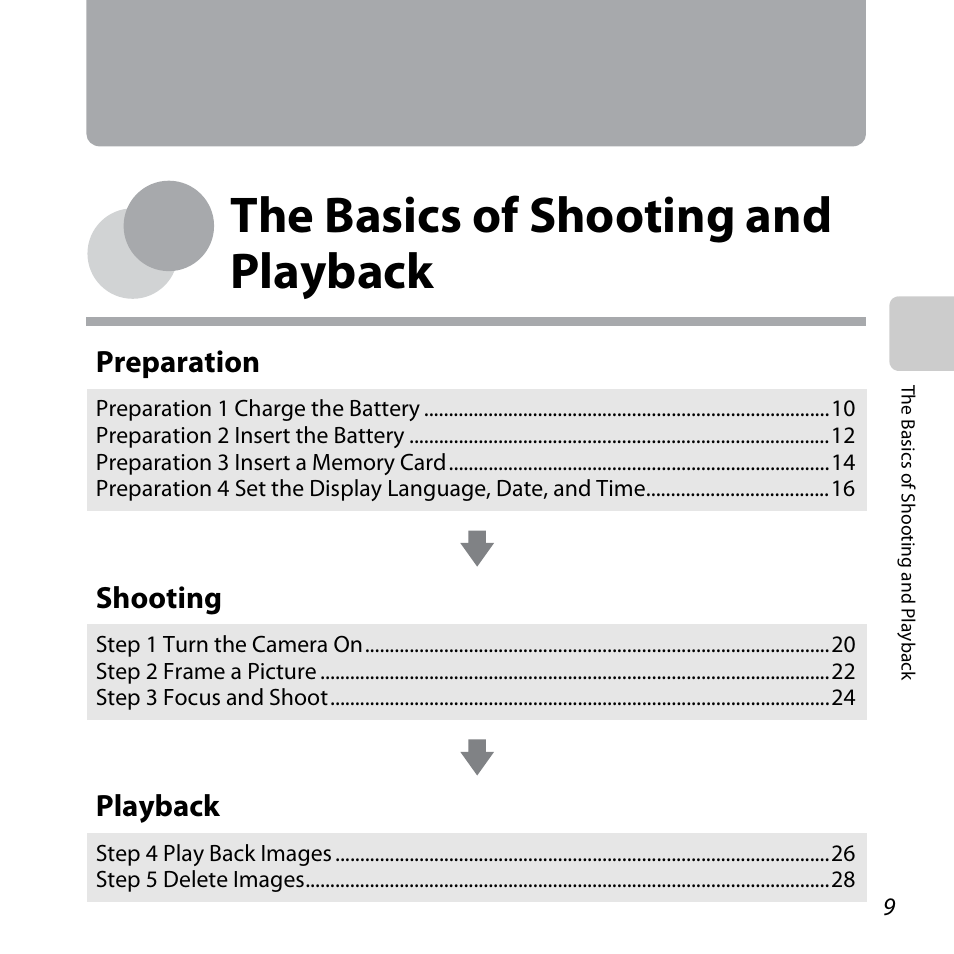 The basics of shooting and playback, A 9), E “the basics of shooting and | Playback, Preparation, Shooting | Nikon S31 User Manual | Page 35 / 208