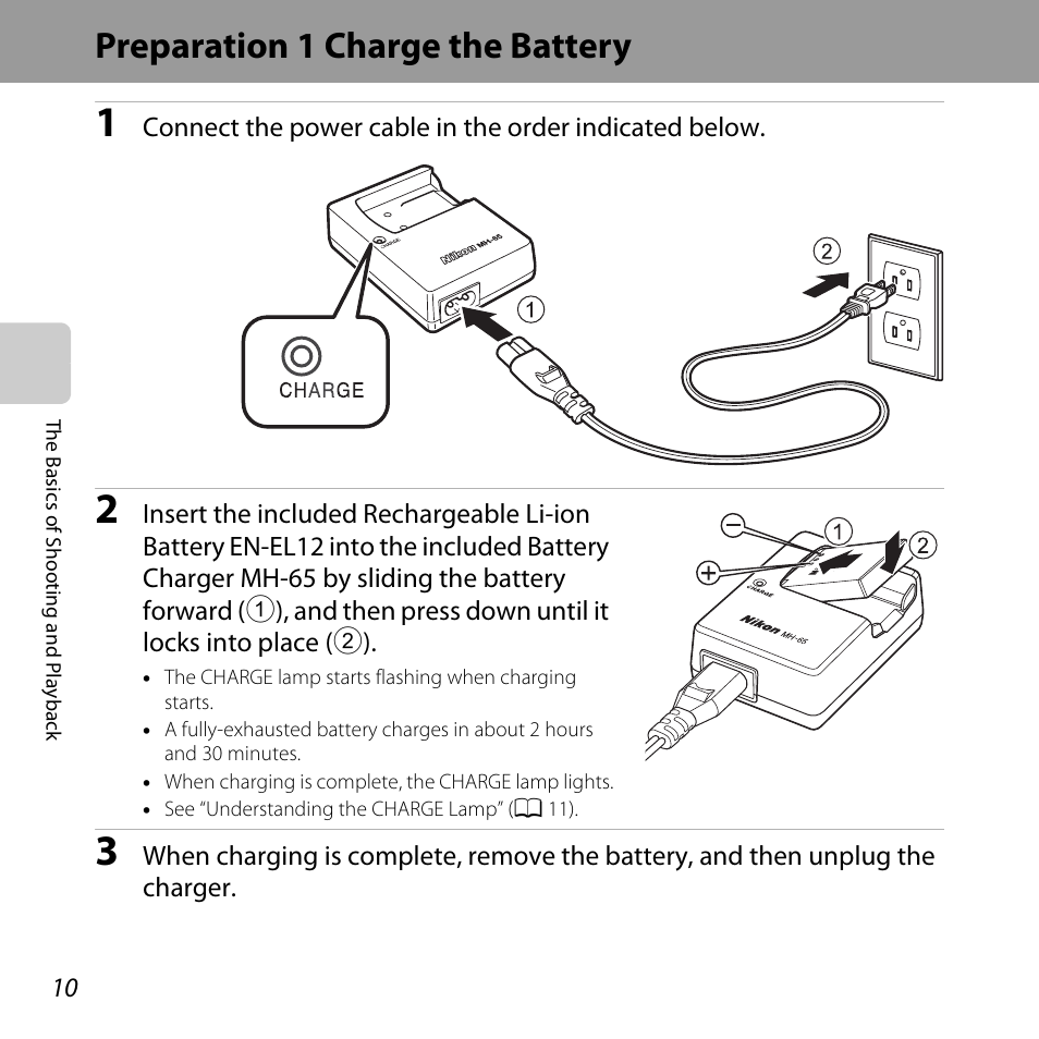 Preparation 1 charge the battery | Nikon S31 User Manual | Page 36 / 208