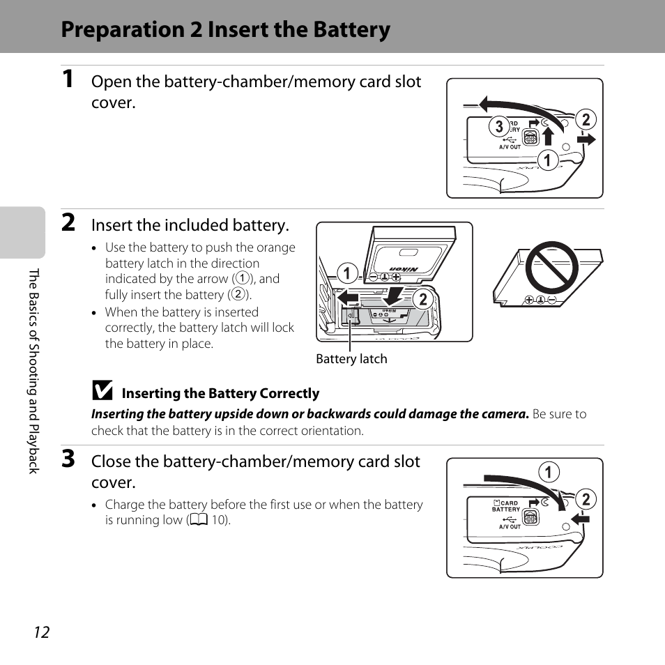 Preparation 2 insert the battery | Nikon S31 User Manual | Page 38 / 208