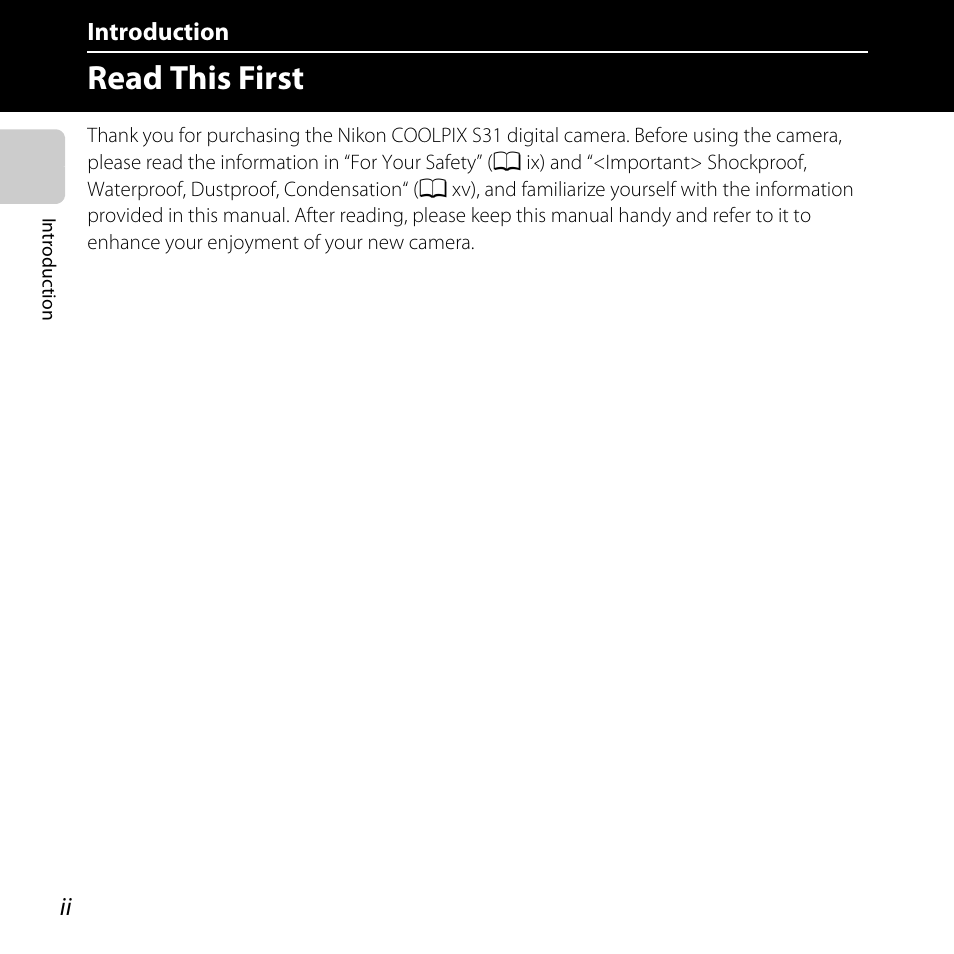 Introduction, Read this first | Nikon S31 User Manual | Page 4 / 208