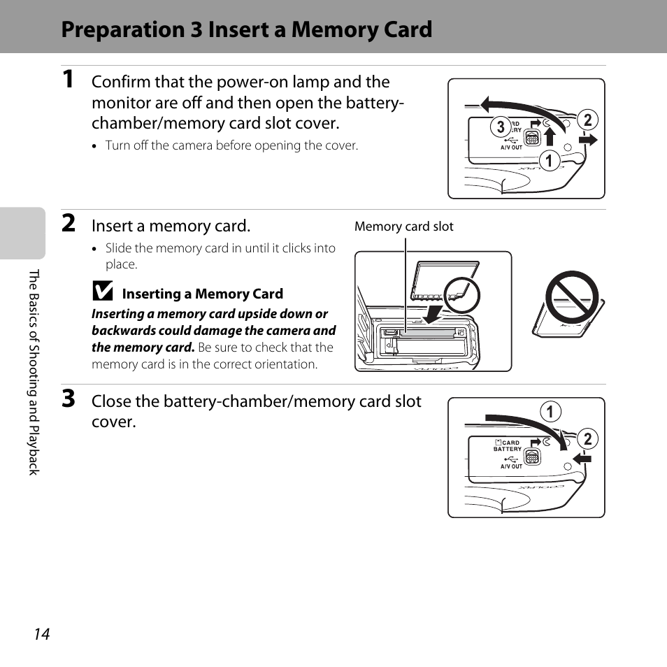 Preparation 3 insert a memory card | Nikon S31 User Manual | Page 40 / 208