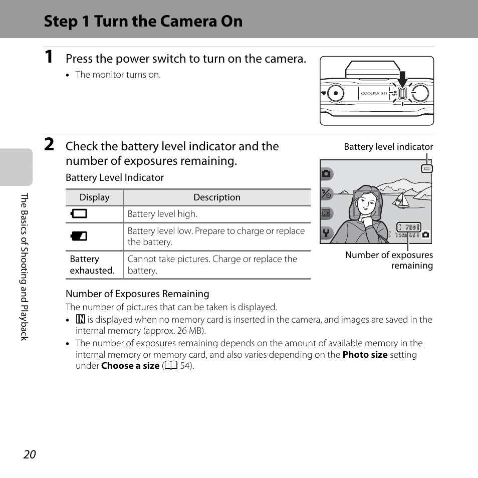 Step 1 turn the camera on, Press the power switch to turn on the camera | Nikon S31 User Manual | Page 46 / 208