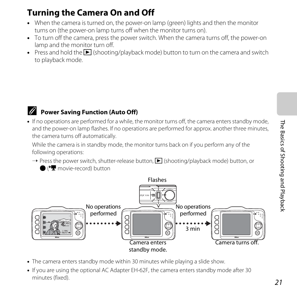 Turning the camera on and off | Nikon S31 User Manual | Page 47 / 208