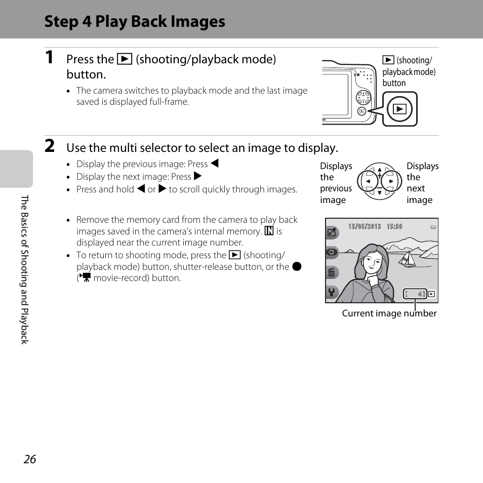 Step 4 play back images, Press the c (shooting/playback mode) button | Nikon S31 User Manual | Page 52 / 208