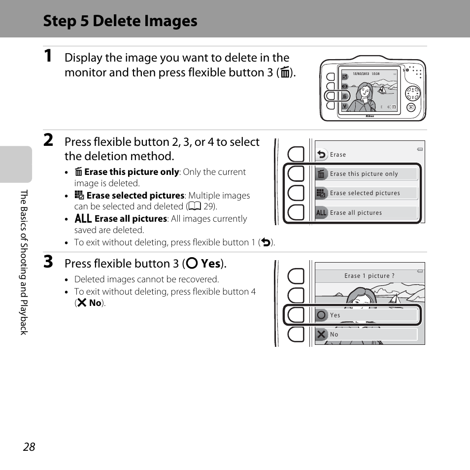 Step 5 delete images, Press flexible button 3 (r yes ) | Nikon S31 User Manual | Page 54 / 208