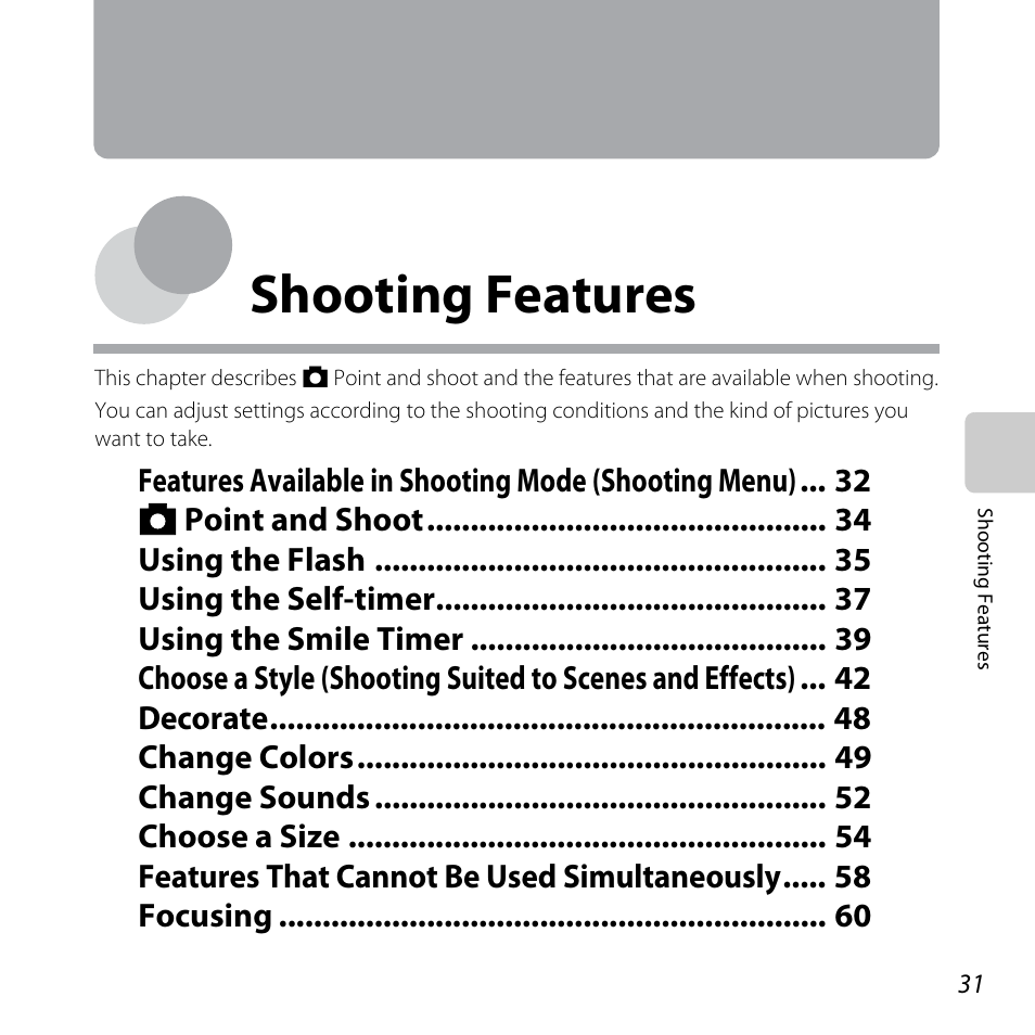 Shooting features | Nikon S31 User Manual | Page 57 / 208