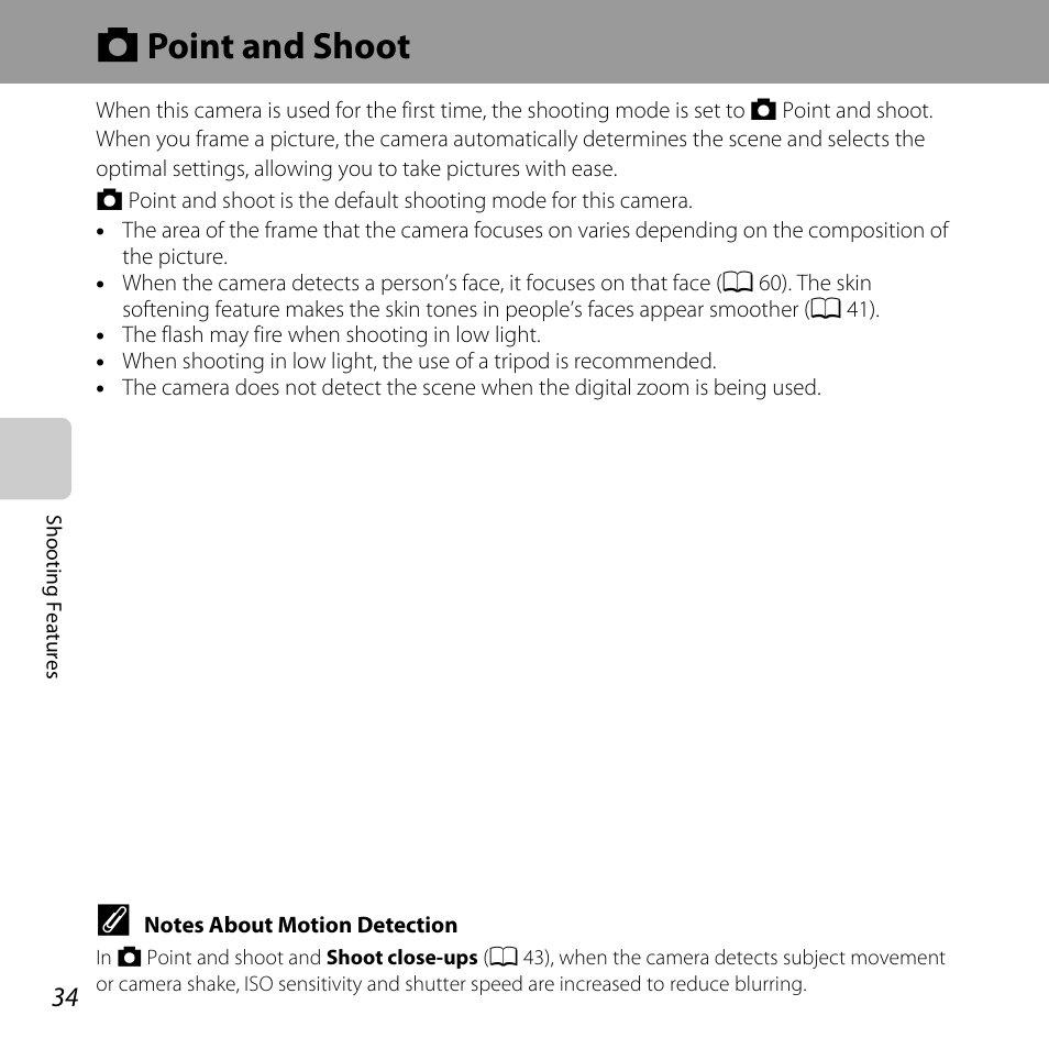 Point and shoot, A 34, A point and shoot | Nikon S31 User Manual | Page 60 / 208