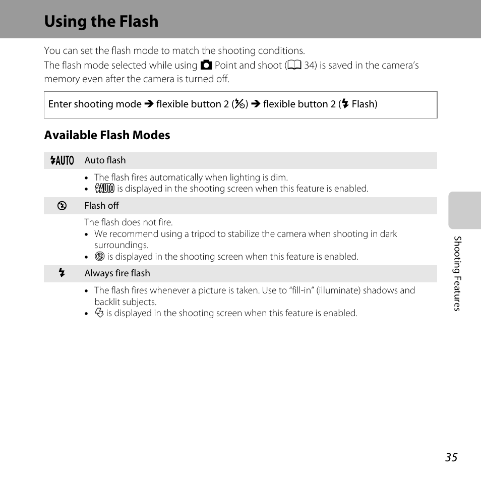 Using the flash, Available flash modes | Nikon S31 User Manual | Page 61 / 208